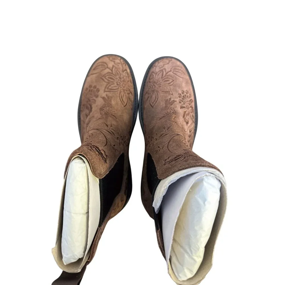 Johnny Was Brown Floral Suede Chelsea Ankle Boots